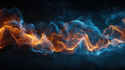 Abstract digital art of swirling, vibrant orange and blue flames against a black background