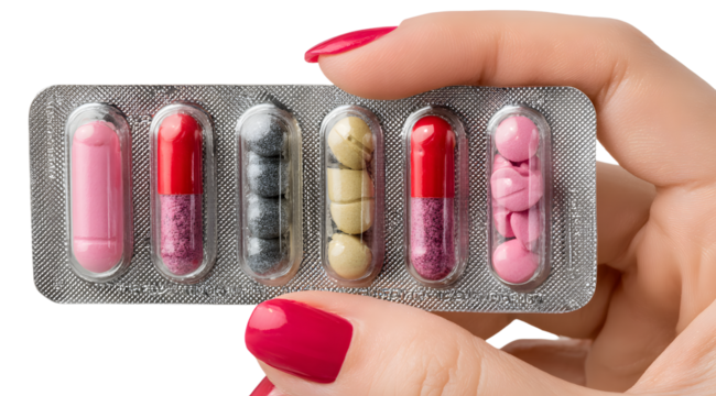 Hand holding pills in blister packs on a transparentbackground. Health care cocept.