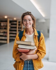 Young smiling female student in casual yellow hoodie and plaid shirt holding books while standing in university library with shelves in background.