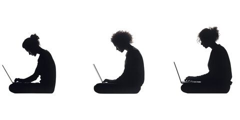 Silhouettes using laptops on transparent png background