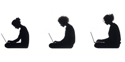 Silhouettes using laptops on transparent png background