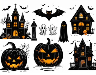 Fototapeta premium Set of Spooky Halloween Icons with Haunted Houses and a Ghost