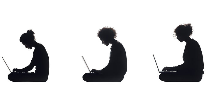 Silhouettes using laptops on transparent png background