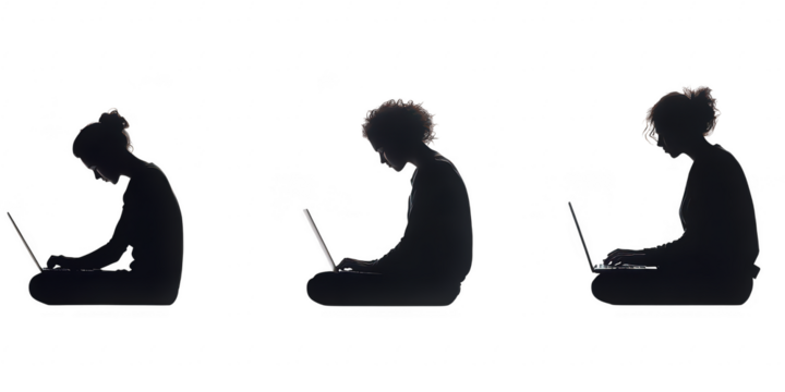 Silhouettes using laptops on transparent png background - Powered by Adobe
