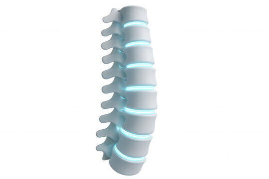 3d render of a human spine glowing with turquoise bioluminescence on a transparent background, perfect for medical illustrations