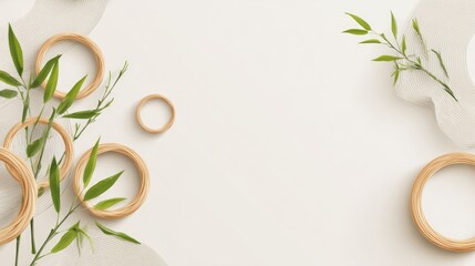 Beige wooden rings, leafy branches on a white background