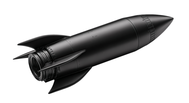 A 3D model of a dark rocket.  A futuristic view - Powered by Adobe