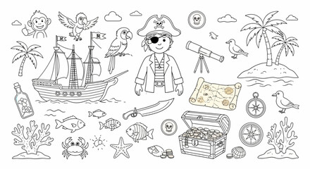 Line art illustration featuring a pirate boy, ship, treasure chest, island, map, and various pirate-themed elements like a sword, parrot, and telescope.