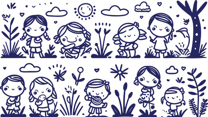 Playful Children Vector Art with Nature Scene, Kids Illustration, Cute Design, Outdoor Fun, Black and White Elements, Creative Doodle Style, Whimsical, Happy Faces, Garden, Illustrative, Artistic, You