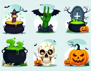 Set of Spooky Halloween Scenes with Cauldrons and Monsters