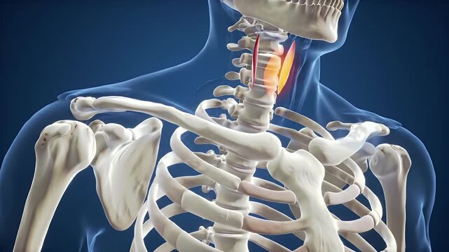Anatomy animation showing thyroid and larynx inflammation with human skeleton on a blue background for medical explanation and healthcare education