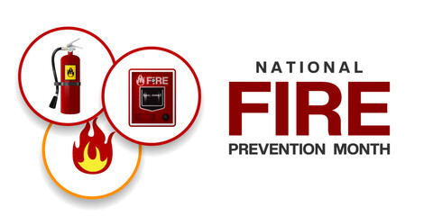 October is National Fire Prevention Month. Fire extinguisher, fire and alarm. Great for posters, banners and social media. White background.
