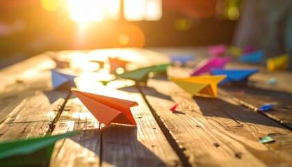 Naklejka premium Colorful paper planes scattered across a sunlit wooden table, some mid-flight, radiating a playful carefree mood.