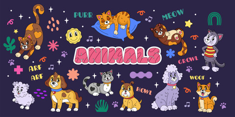 Animal retro pattern. Cute dog, funny cat. Happy character vintage style. Wool background for children. Groovy banner for kids. Cartoon design Y2K. Mascot childish. Vector tidy doodle isolated set
