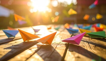 Colorful paper planes scattered across a sunlit wooden table, some mid-flight, radiating a playful carefree mood.