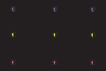 Creative light bulb symbols in a 9-icon set, styled in purple, yellow, and pink over a black background, representing ideas and imagination.
