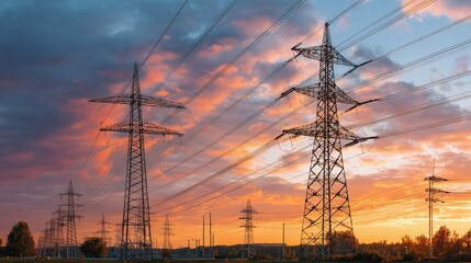 Silhouette of power lines against colorful twilight sky, symbolizing energy industry, infrastructure, technology, electricity supply, and global energy network.
