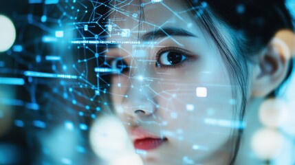 Young Asian woman with data network overlay in dark indoor setting