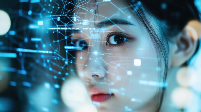 Young Asian woman with data network overlay in dark indoor setting