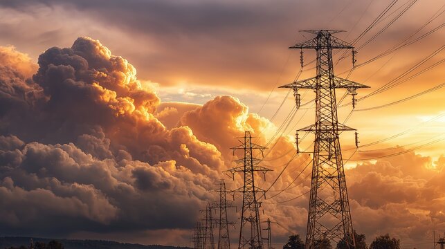 Scenic sunset with towering electrical pylons and dramatic clouds, showcasing energy transmission, industrial grid, engineering, and utility service supply. - Powered by Adobe