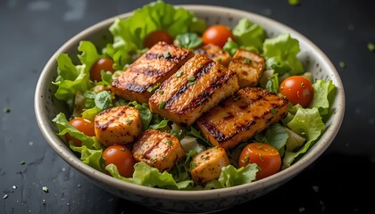 Fresh Salad with grilled Tofu in Bowl isolated on dark background.