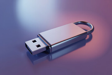 Secure Metal USB Drive: Padlock Design, Purple Gradient Background, Modern Tech Concept