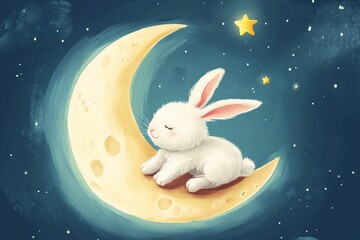 Mid-Autumn Festival rabbit resting on crescent moon under starry night