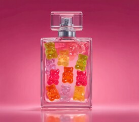 Clear perfume bottle filled with colorful gummy bears