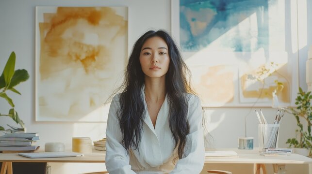 Young Asian woman sitting at desk in artist's studio - Powered by Adobe