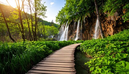 Fototapeta premium Wooden walkway through lush green forest with cascading waterfalls and sunlight.