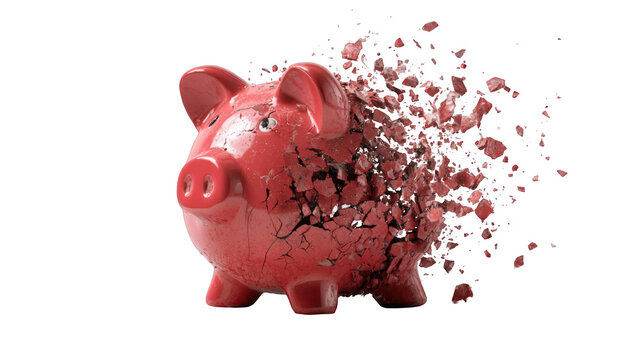 A red piggy bank shattering into pieces