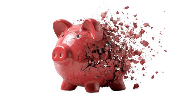 A red piggy bank shattering into pieces