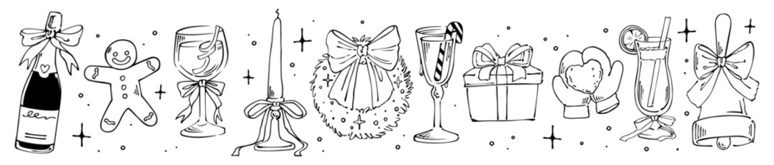 Christmas toy. Xmas decoration in crayon. Hand drawn champagne, cocktail. Whimsical bow on glass. Holiday tree. Vintage design with ribbon. Gingerbread and gift. Vector retro isolated decorative set