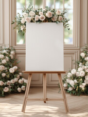 white blank 18x24 inch welcome sign mockup displayed on minimal light wood easel, standing in bright airy venue with soft beige plaster walls, background decorated with elegant floral 