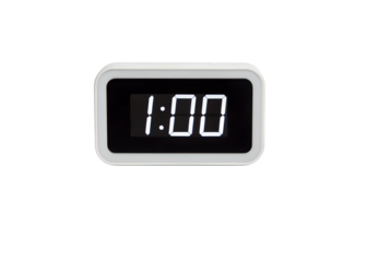 Modern digital alarm clock showing 1:00, glowing LED display, isolated on white background.