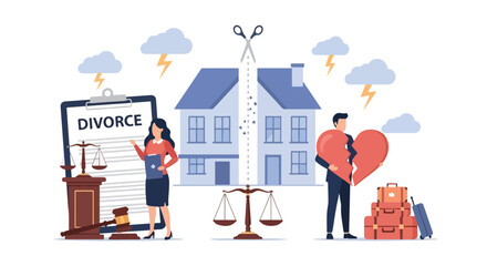 Vector illustration of divorce proceedings with a split house, broken heart, legal papers, and scales of justice, symbolizing separation, property division, emotional stress, and family conflict
