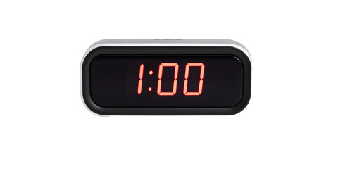 Modern digital alarm clock showing 1:00, glowing LED display, isolated on white background.