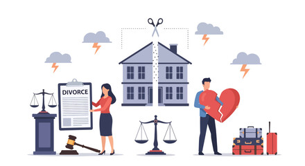 Vector illustration of divorce proceedings with a split house, broken heart, legal papers, and scales of justice, symbolizing separation, property division, emotional stress, and family conflict