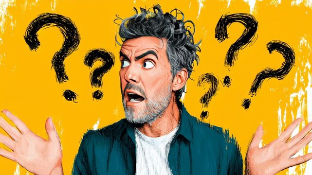 Surprised man with expressive gestures and wide eyes, surrounded by question marks, conveys confusion and curiosity, illustrating a moment of realization and questioning in a vibrant artistic style