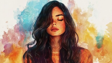 Young woman in orange top, serene mood in studio with digital art