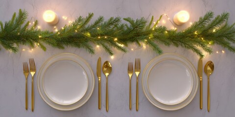 Elegant minimalist holiday table setting with modern white and gold decor for festive dining
