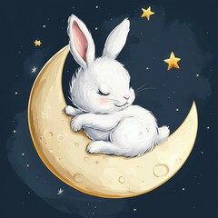 Mid-Autumn Festival rabbit resting on crescent moon under starry night