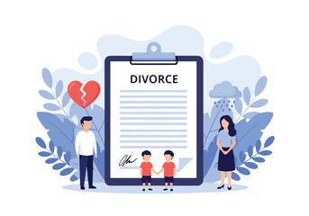 Vector illustration of a family facing divorce with parents arguing and a child standing between them, symbolizing separation, custody conflict, and emotional impact of broken relationships
