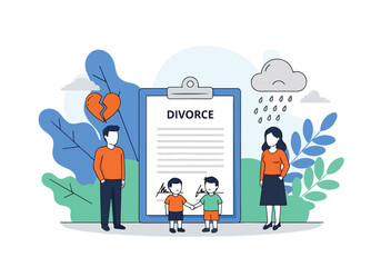 Vector illustration of a family facing divorce with parents arguing and a child standing between them, symbolizing separation, custody conflict, and emotional impact of broken relationships