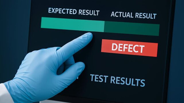 Test result comparison industry quality control reveals defect detection digital screen with gloved hand pointing for accuracy check and alert bar