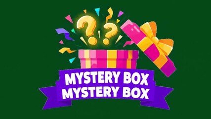 Bright colorful mystery gift box opened with glowing question marks. Game UI concept
 - Powered by Adobe