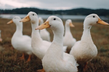 White ducks in a grassy field by a lake