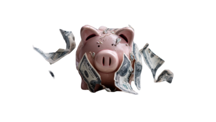 Pink piggy bank overflowing with scattered bills