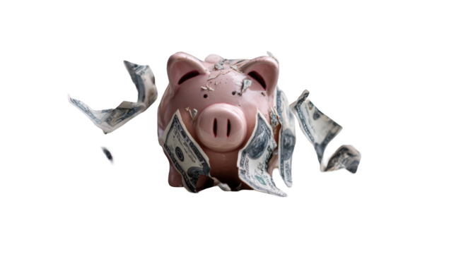 Pink piggy bank overflowing with scattered bills