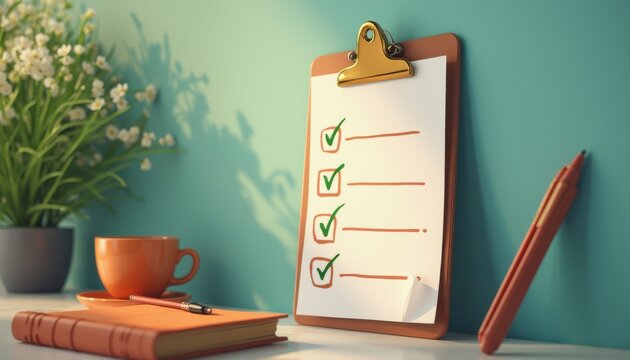 Clipboard with checklist and notebook on home office desk - Powered by Adobe